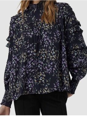 EUC French Connection Black Floral Ruffle Mock-Neck Blouse Lavender Accents Sz M
